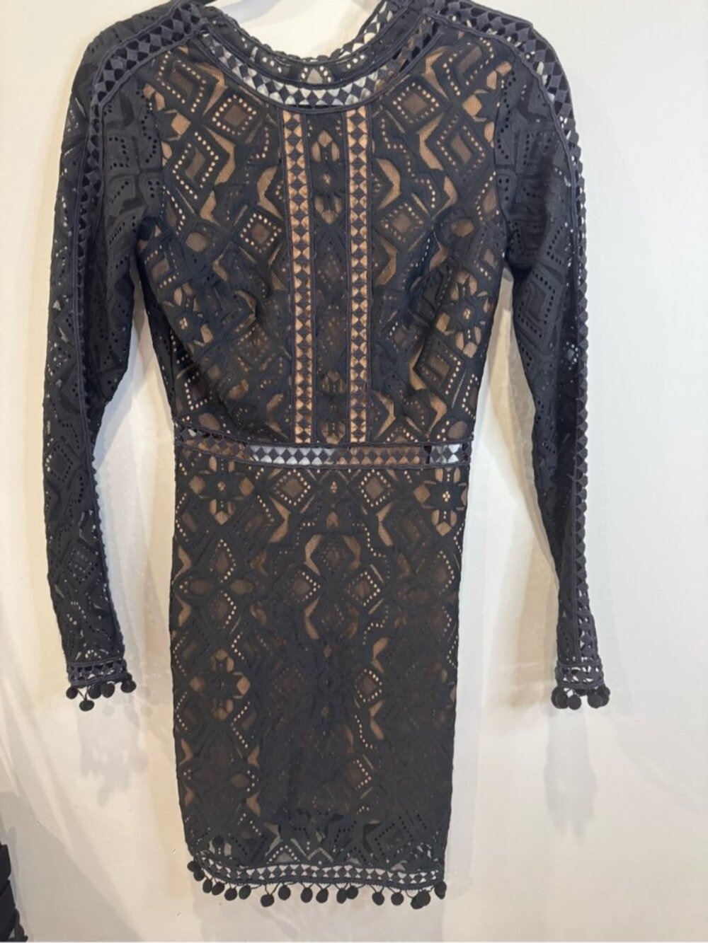 For Love & Lemons Black Lace Mini Dress XS Nude Illusion Long Sleeve 0813 - Picture 2 of 11